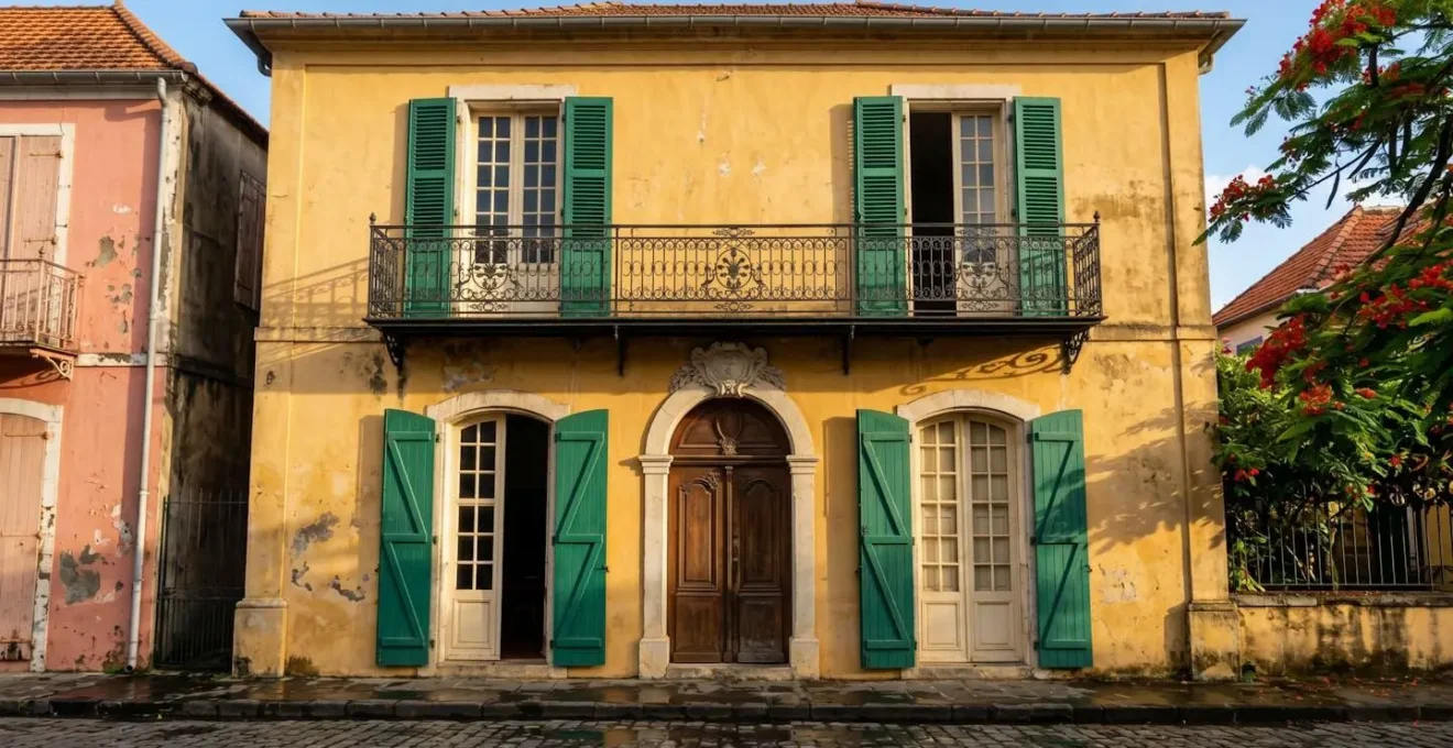 Façade jaune ocre d'une maison coloniale caribéenne à deux étages avec balcon en fer forgé noir et persiennes vertes, sur rue pavée après la pluie