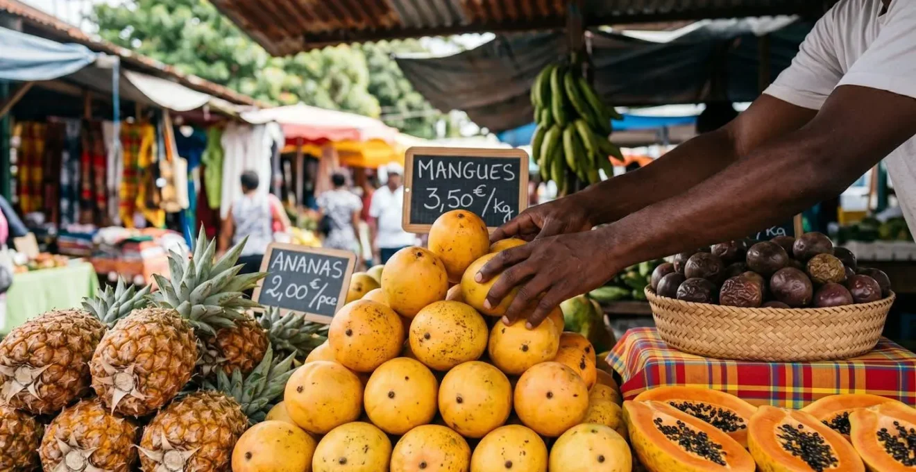 Étal de marché antillais avec pyramide de mangues mûres, ananas, fruits de la passion et papayes, mains d'une vendeuse arrangeant les fruits sur nappe madras colorée