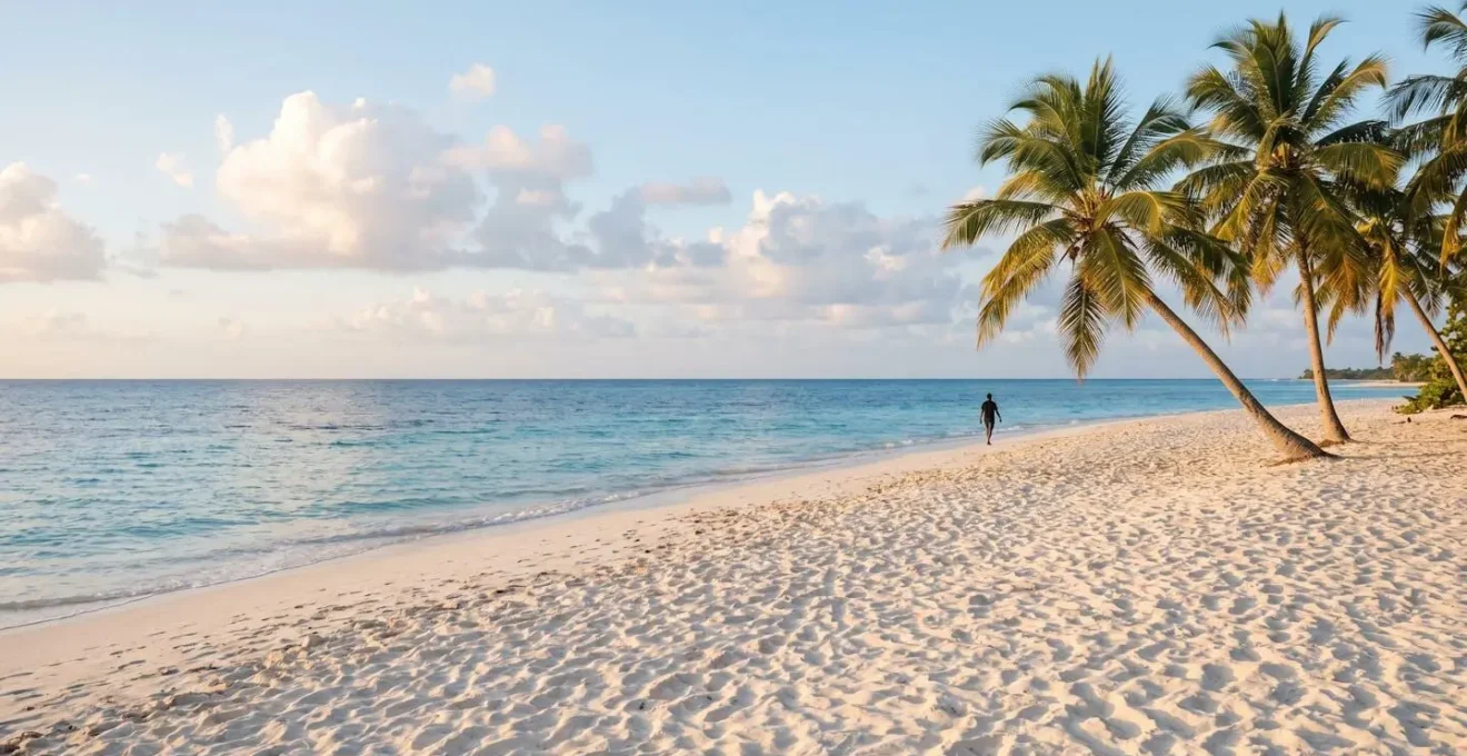 Vue d'une plage des Caraïbes au lever du soleil avec sable blanc fin, eau turquoise dégradée vers le bleu cobalt, palmiers inclinés et silhouette solitaire marchant sur le rivage