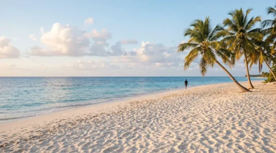 Vue d'une plage des Caraïbes au lever du soleil avec sable blanc fin, eau turquoise dégradée vers le bleu cobalt, palmiers inclinés et silhouette solitaire marchant sur le rivage